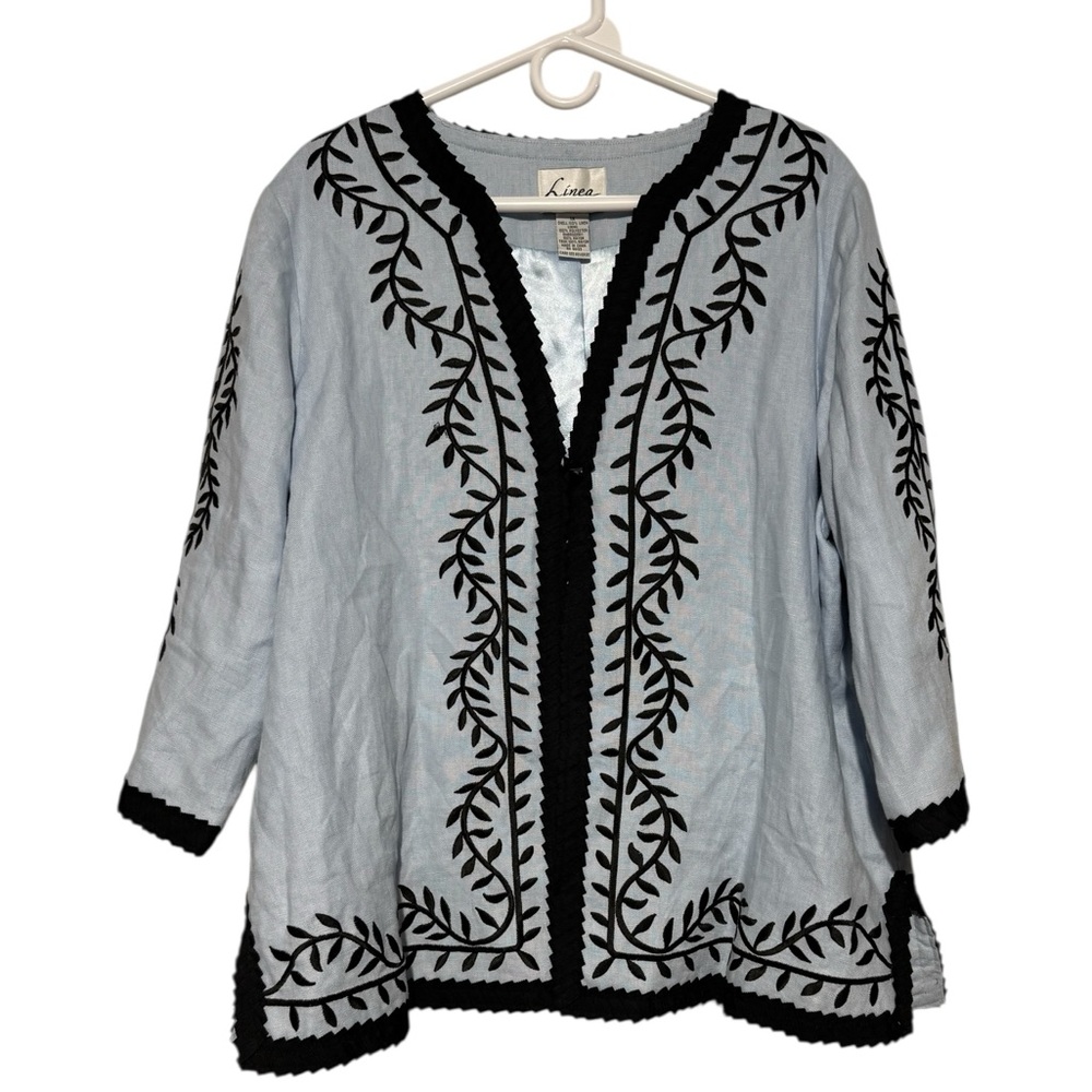 Linea 100% Linen Jacket Blazer Plus Size 1X Light Blue Black Old Money Spring